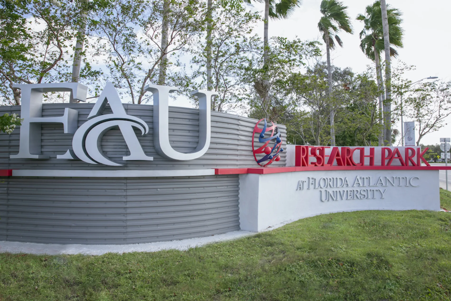 Entrance sign for FAU Research Park at Florida Atlantic University in Boca Raton, Florida